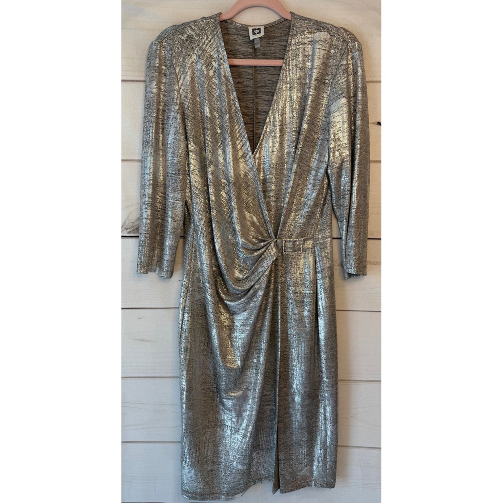 Anne Klein Silver Metallic Wrap Dress Rhinestone Buckle Cocktail Midi 12